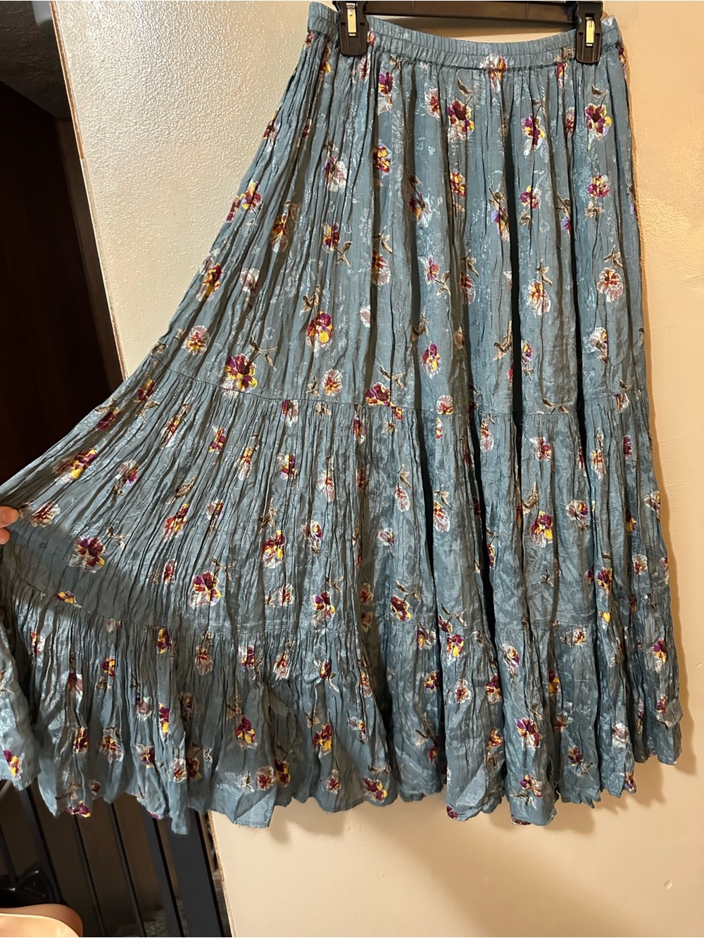 Coldwater Creek Dusty Blue Floral Tiered Peasant Maxi Skirt Boho Cottagecore M